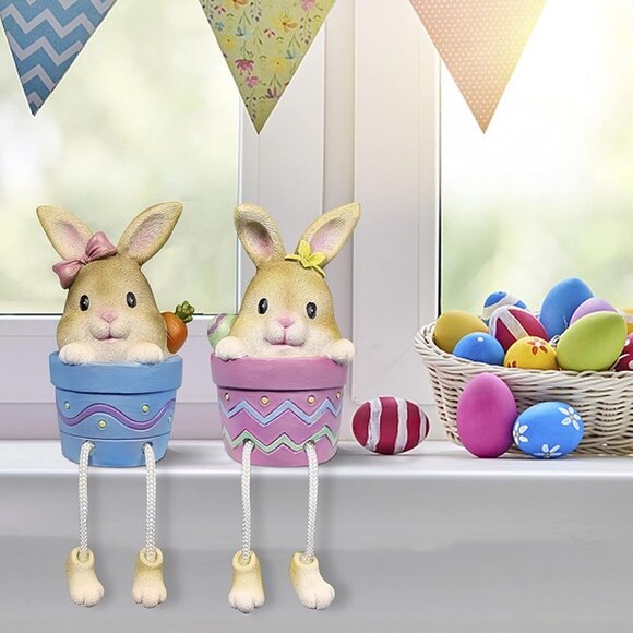 NEW Set of 2 Resin Pot Bunny Shelf Sitters with Dangling Legs - Picture 5 of 8